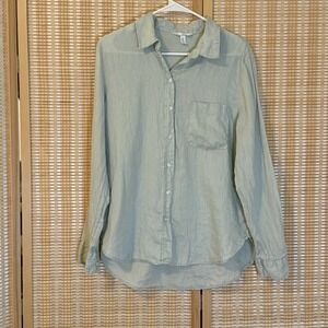 H&M Womens M Shirt 100% Linen Buttons Up Collared Mint Preppy Office Bohemian